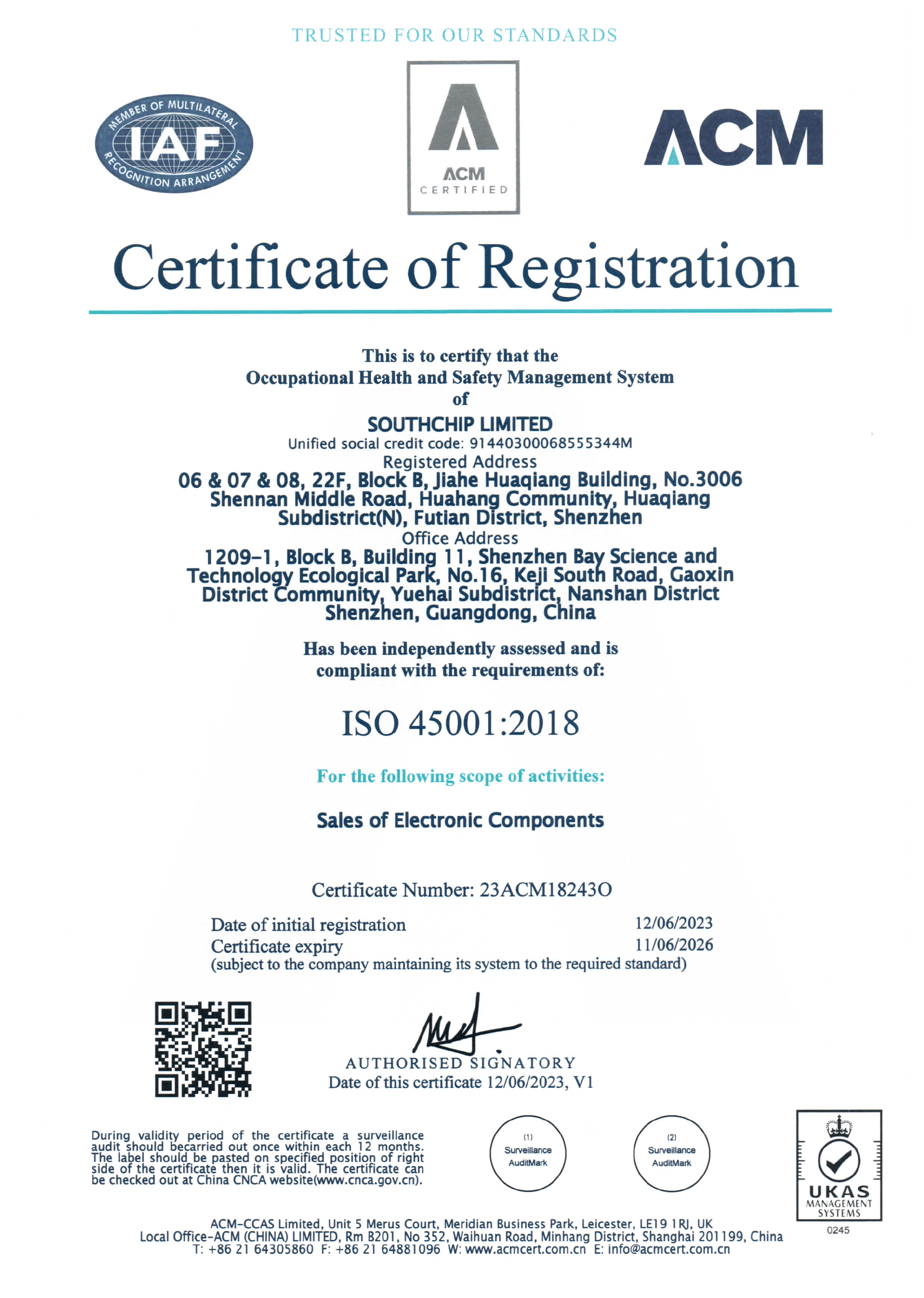 SOUTHCHIP LIMITED ISO45001